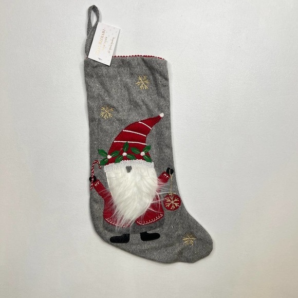 New Isaac Mizrahi Gnome Christmas Stocking 22" Gray Red Wool - Picture 2 of 8